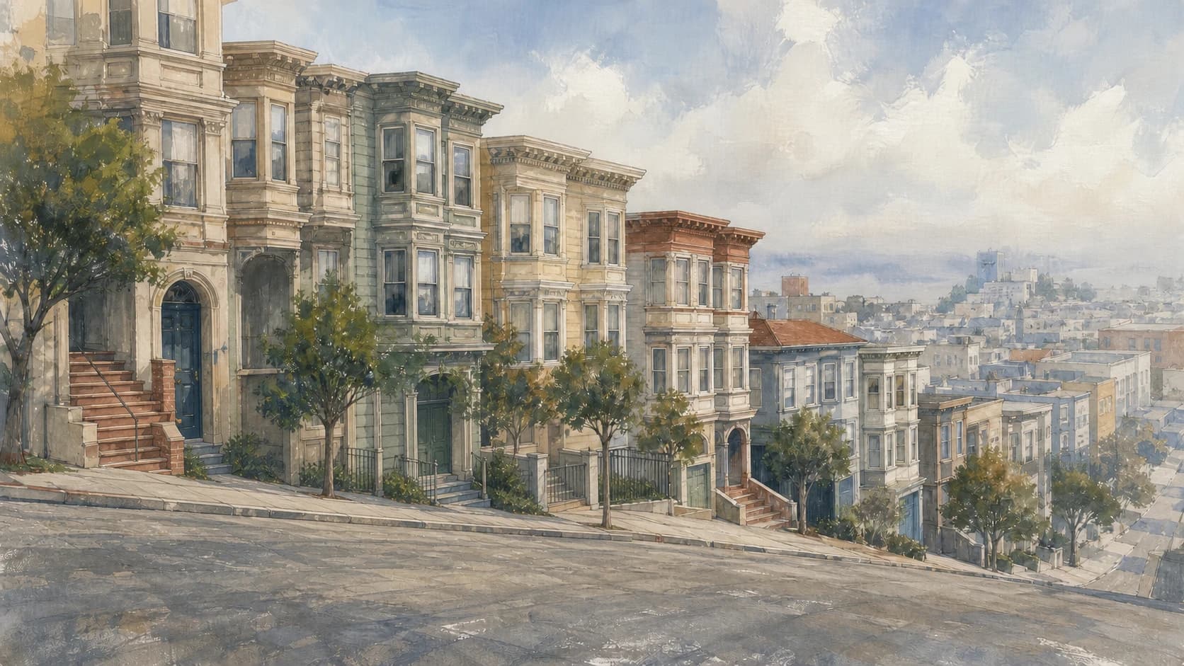 Painterly Victorian homes on a sloping San Francisco street